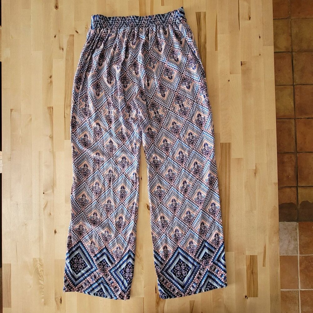 Womens Straight Leg Blue Boho Colorful Geometric Pants Lightweight Festival SZ M - Picture 4 of 6